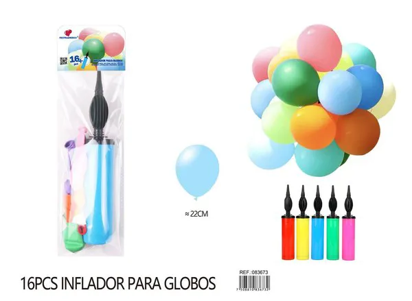 Inflador de mano (color según imagen), 1 pieza, más 16 globos de látex mate 1.8g surtidos