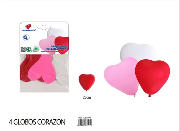 Globo de látex mate de corazón de 10 pulgadas, surtido (1 blanco, 1 rosa oscuro, 2 rojos), 4 piezas