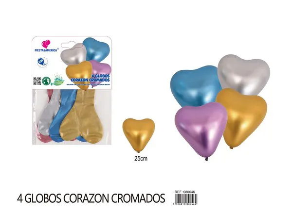 Globo metálico de corazón de 10 pulgadas, surtido (dorado, plateado, rojo, azul), 4 piezas