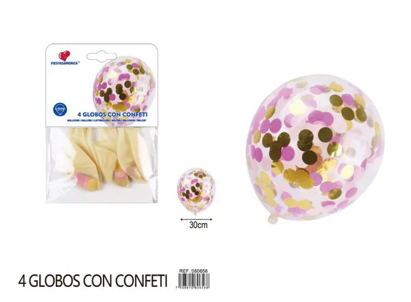 Globo con confeti redondo de 1.5 cm, colores rosa, dorado y blanco, 4 piezas