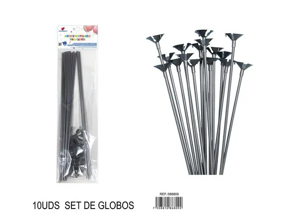 Varilla con soporte para globos de 42 cm, color plateado, 10 piezas