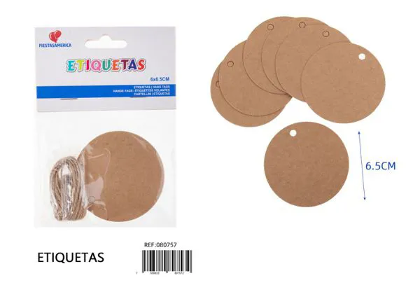Etiquetas redondas, 12 piezas, 6x6.5 cm, papel kraft de 300 g, color kraft, con cordel de yute de 2 m