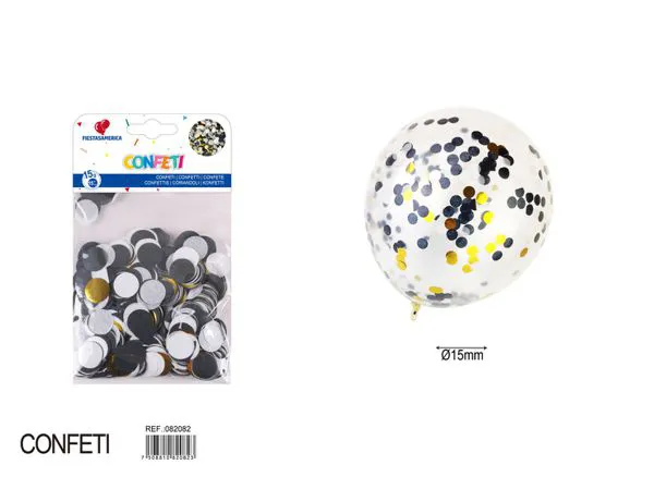 Confeti redondo de fiesta dorado de 1.5 cm con papeles negro y blanco, 15 g