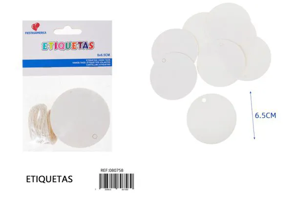 Etiquetas redondas, 12 piezas, 6x6.5 cm, papel kraft de 300 g, color blanco, con cordel de yute de 2 m