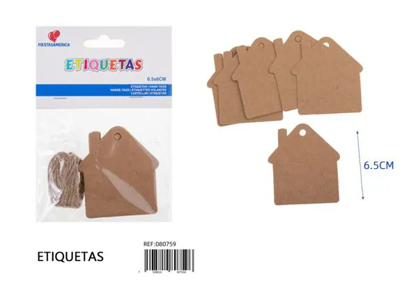 Etiquetas en forma de casa, 12 piezas, 6.5x6 cm, papel kraft de 300 g, color kraft, con cordel de yute de 2 m