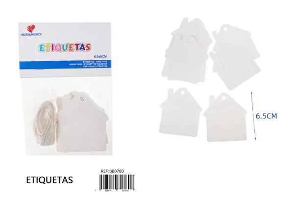 Etiquetas en forma de casa, 12 piezas, 6.5x6 cm, papel kraft de 300 g, color blanco, con cordel de yute de 2 m