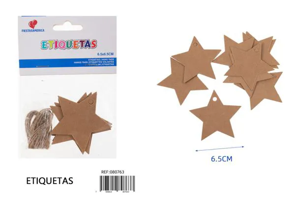 Etiquetas de estrella de cinco puntas, 12 piezas, 6.5x6.5 cm, papel kraft de 300 g, color kraft, con cordel de yute de 2 m