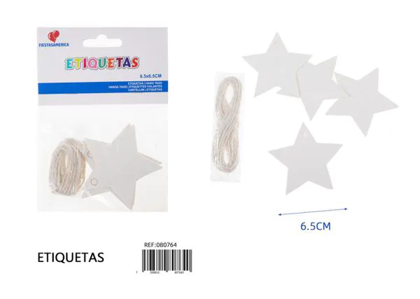 Etiquetas de estrella de cinco puntas, 12 piezas, 6.5x6.5 cm, papel kraft de 300 g, color blanco, con cordel de yute de 2 m