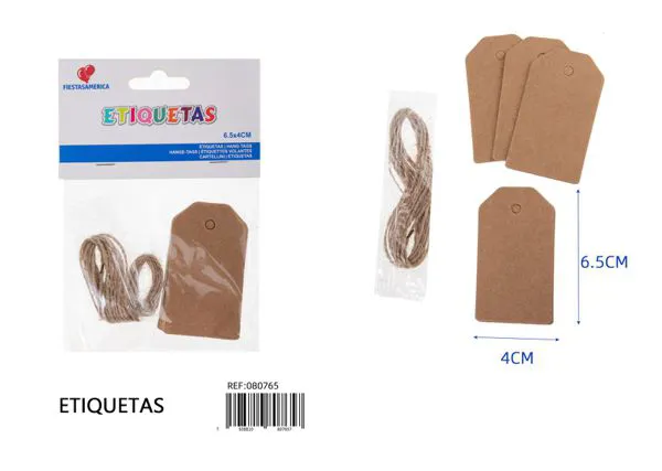 Etiquetas rectangulares, 12 piezas, 6.5x4 cm, papel kraft de 300 g, color kraft, con cordel de yute de 2 m