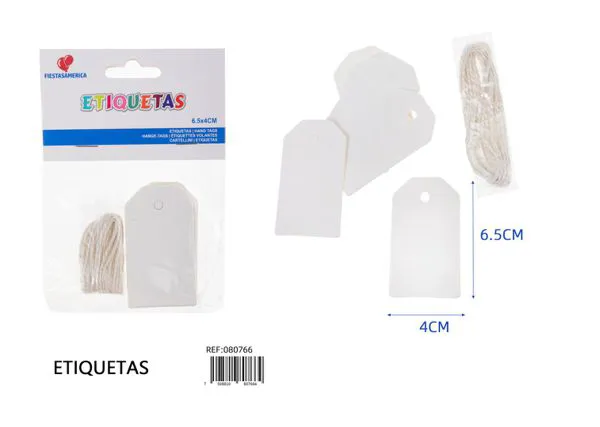 Etiquetas rectangulares, 12 piezas, 6.5x4 cm, papel kraft de 300 g, color kraft, con cordel de yute de 2 m