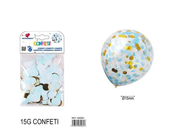 Confeti redondo de fiesta dorado de 1.5 cm con papeles azul y blanco, 15 g