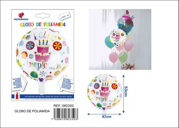 Globo metálico esférico Feliz Cumpleaños en español, 53x47 cm