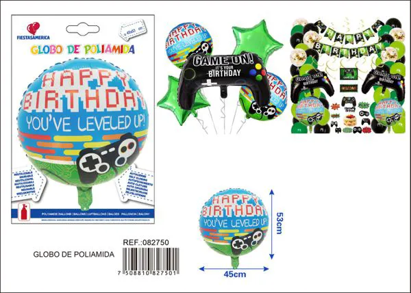Globo metálico esférico con estampado de control de videojuegos Feliz Cumpleaños, 45x53 cm