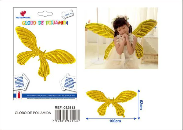 Globo metálico de alas de mariposa color dorado, 100x62 cm