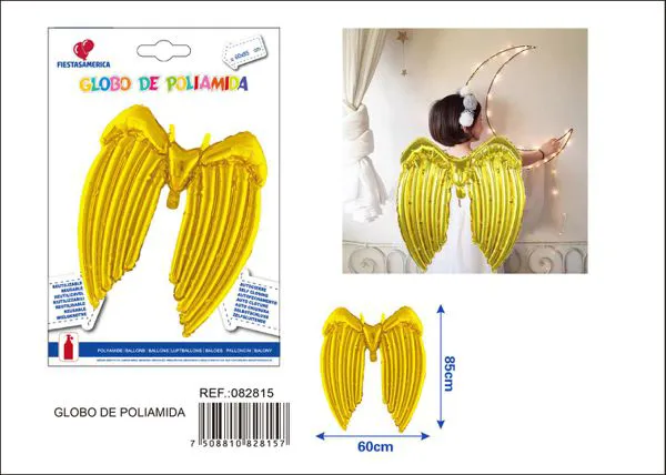 Globo metálico de alas de ángel color dorado, 60x85 cm