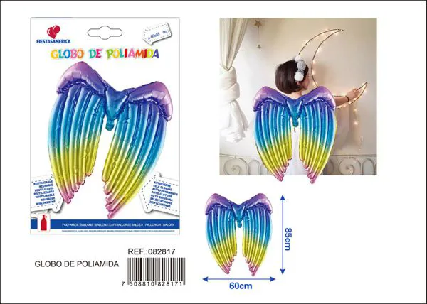 Globo metálico de alas de ángel color degradado, 60x85 cm