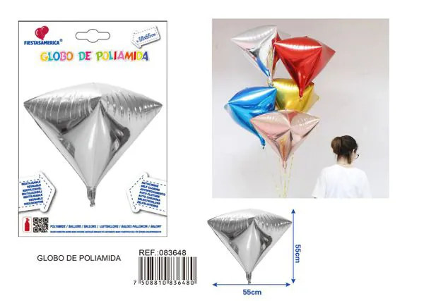 Globo metálico 3D en forma de diamante de 22 pulgadas, color plateado