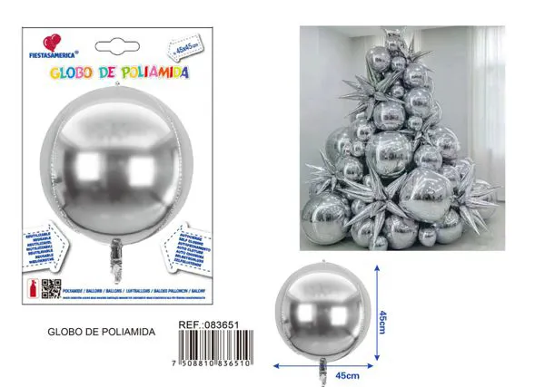 Globo metálico esférico 4D de 18 pulgadas, color plateado