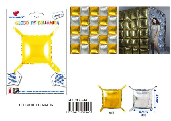 Globo metálico cuadrado de dos caras (A/B), dorado y plateado, 47x47 cm