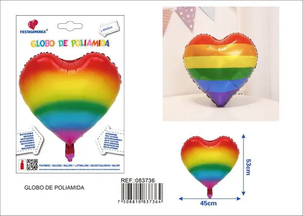 Globo metálico de corazón arcoíris degradado, 45x53 cm