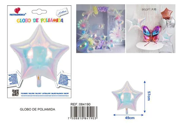 Globo metálico de estrella de cinco puntas iridiscente, 57x49 cm