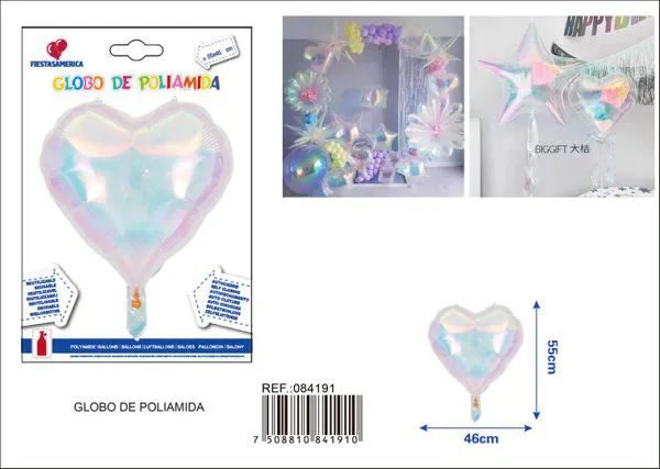 Globo metálico de corazón iridiscente, 55.5x46 cm