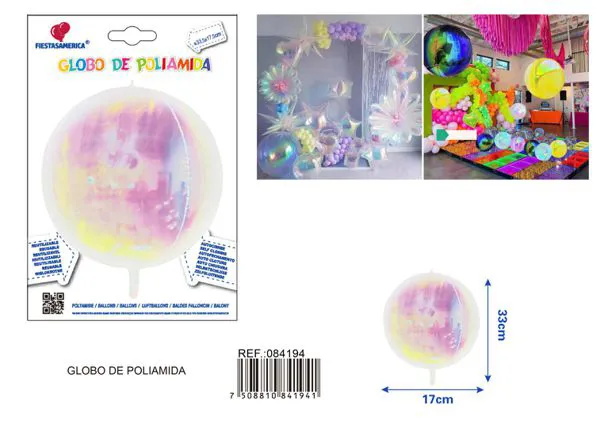 Globo metálico redondo 4D iridiscente de material reforzado, color blanco perla, 33.5x17.5 cm