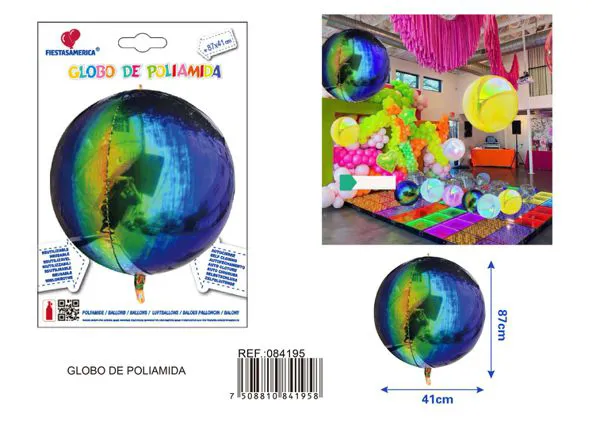 Globo metálico redondo 4D iridiscente de material reforzado, color negro aurora, 87x41 cm