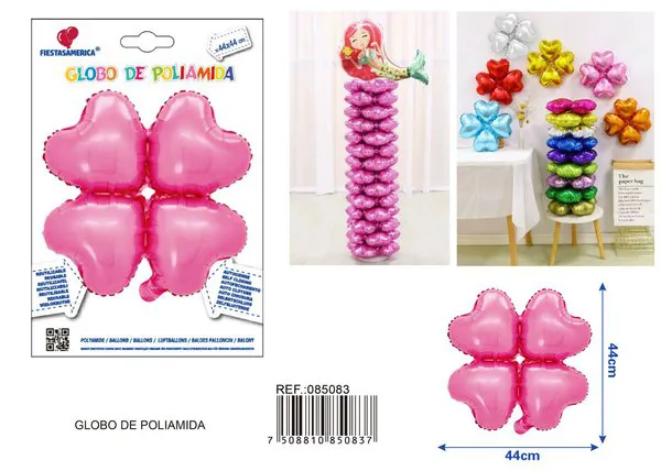 Globo metálico de trébol de cuatro hojas, color rosa, 44x44 cm