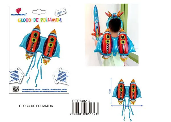 Globo metálico de cohete tipo mochila, 62x47 cm