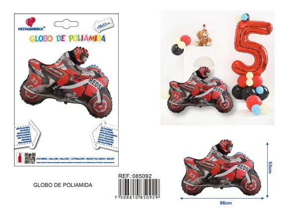 Globo metálico de motocicleta, color rojo, 66x53 cm