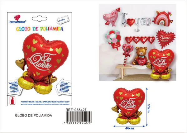 Globo metálico de corazones de pie grande y pequeño, color rojo, con texto de amor en español, 51x46 cm