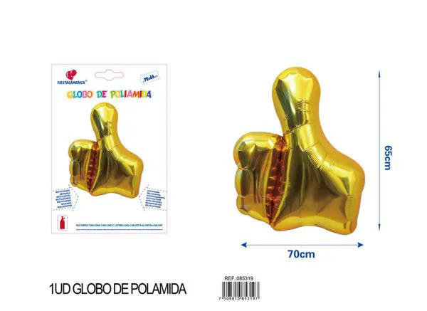 Globo metálico de pulgar arriba, color dorado, 1 pieza