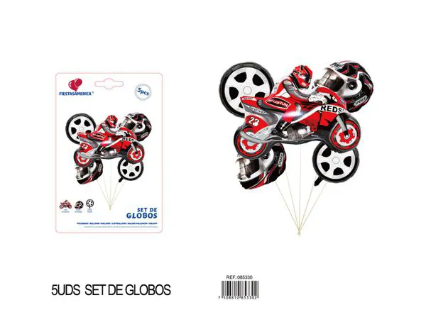 Set de globos metálicos de motocicleta de carreras, color rojo, 5 piezas