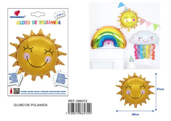 Globo metálico de sol con carita feliz, 67x68 cm