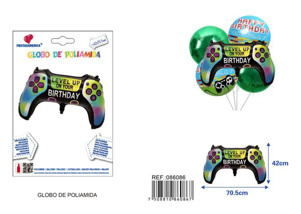 Globo metálico de control de videojuego de cumpleaños, 42x70.5 cm