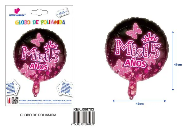 Globo metálico redondo de 18 pulgadas, negro y rosa con diamantes, tema mariposas 15 años