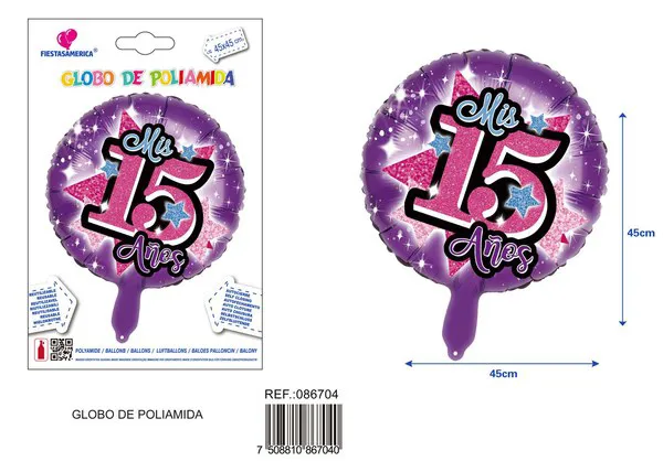 Globo metálico redondo de 18 pulgadas, color morado brillante, tema estrellas 15 años
