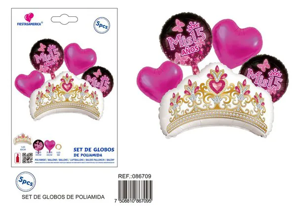 Set de globos metálicos de corona rubí, 5 piezas