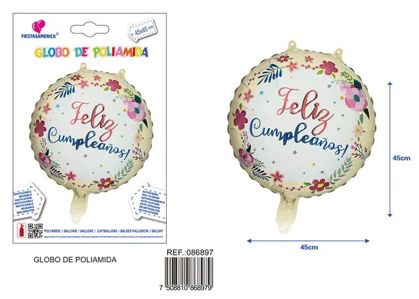 Globo metálico redondo de 18 pulgadas con texto de cumpleaños en español