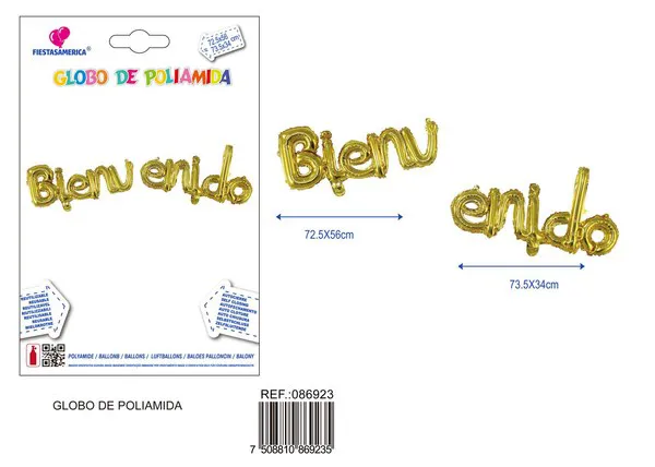 Guirnalda de globos metálicos de letras Bienvenido en español, color dorado (72.5x56 cm y 73.5x34 cm)