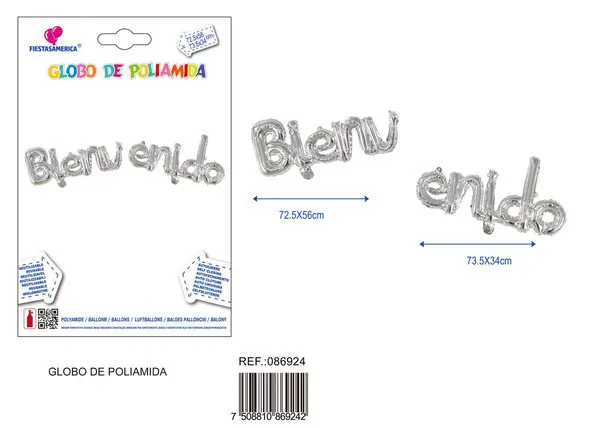 Guirnalda de globos metálicos de letras Bienvenido en español, color plateado (72.5x56 cm y 73.5x34 cm)