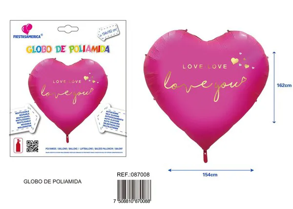 Globo metálico de corazón Love You de 63 pulgadas, color rosa intenso, 154x162 cm