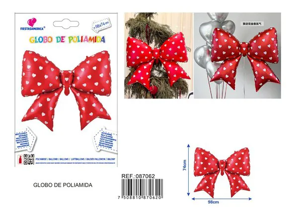Globo metálico de corazón con moño de 38 pulgadas, color rojo, 98x74 cm