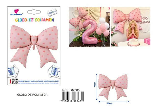 Globo metálico de corazón con moño de 38 pulgadas, color rosa, 98x74 cm