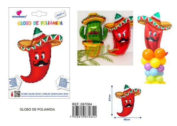 Globo metálico de chile con sombrero de paja, 46x67 cm