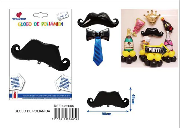 Globo metálico de bigote, color negro, 91.5x41 cm
