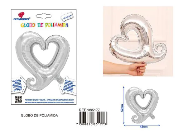 Globo metálico de corazón curvo de 18 pulgadas, color plateado, 42.5x52.5 cm