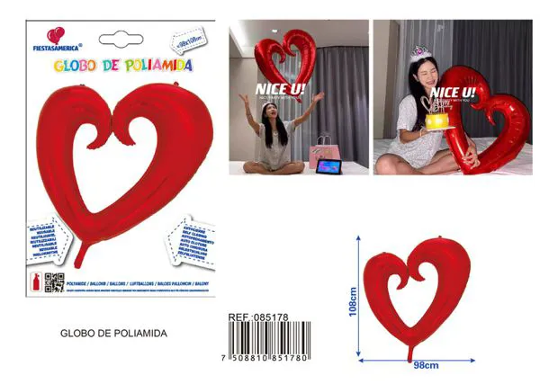 Globo metálico de corazón curvo de 36 pulgadas, color rojo, 98x108 cm