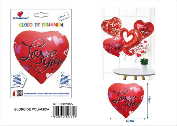 Globo metálico de corazón Love You, 53x47 cm